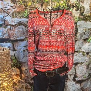 👚 Lucky Brand Women's Red Patterned Knit Top — Orange/Red/Beige — Sz Large / J